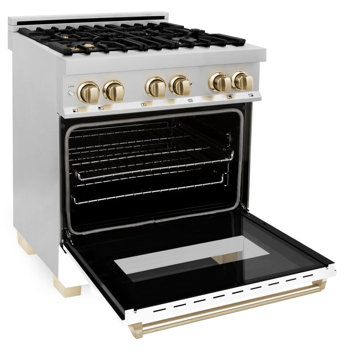 ZLINE 30" Autograph Edition Dual Fuel Range in Stainless Steel with White Matte Door and Gold Accents, RAZ-WM-30-G