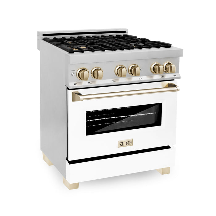 ZLINE 30" Autograph Edition Dual Fuel Range in Stainless Steel with White Matte Door and Gold Accents, RAZ-WM-30-G