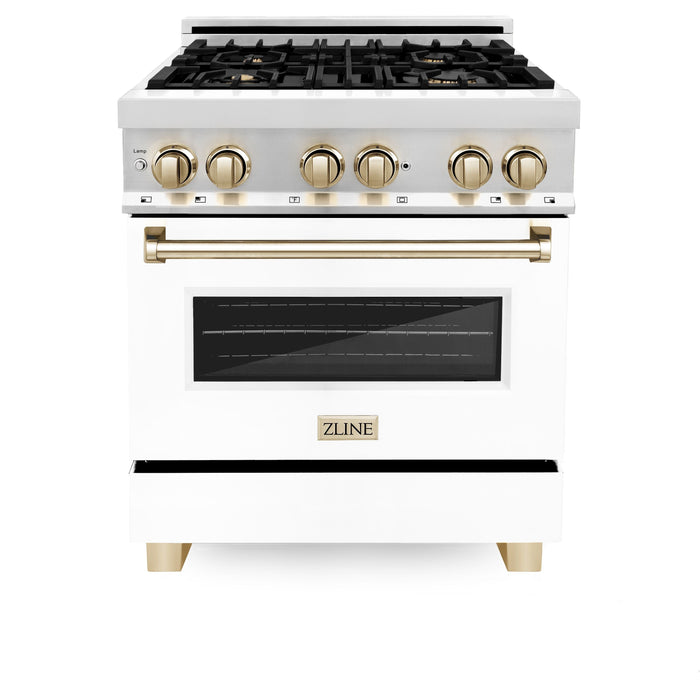 ZLINE 30" Autograph Edition Dual Fuel Range in Stainless Steel with White Matte Door and Gold Accents, RAZ-WM-30-G