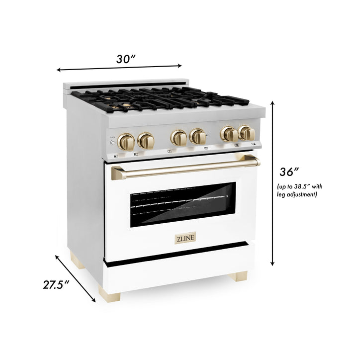 ZLINE 30" Autograph Edition Dual Fuel Range in Stainless Steel with White Matte Door and Gold Accents, RAZ-WM-30-G