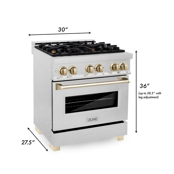 ZLINE 30" Autograph Edition Dual Fuel Range in DuraSnow® Stainless Steel with Gold Accents, RASZ-SN-30-G