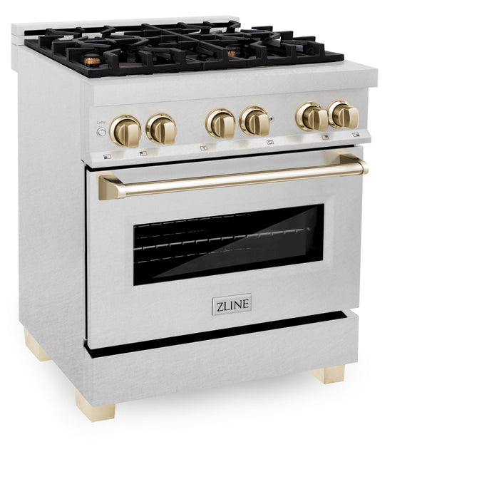 ZLINE 30" Autograph Edition Dual Fuel Range in DuraSnow® Stainless Steel with Gold Accents, RASZ-SN-30-G