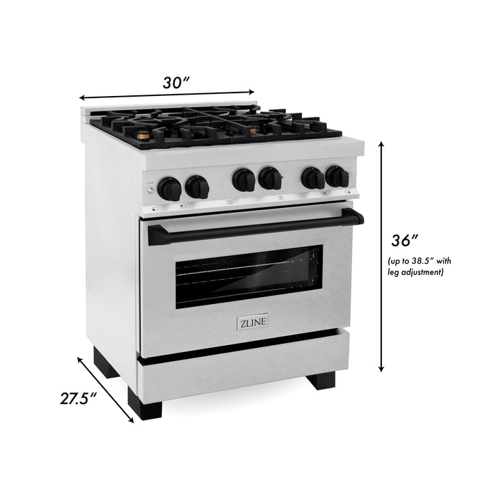 ZLINE 30" Autograph Edition All Gas Range in DuraSnow® Stainless Steel with Matte Black Accents, RGSZ-SN-30-MB