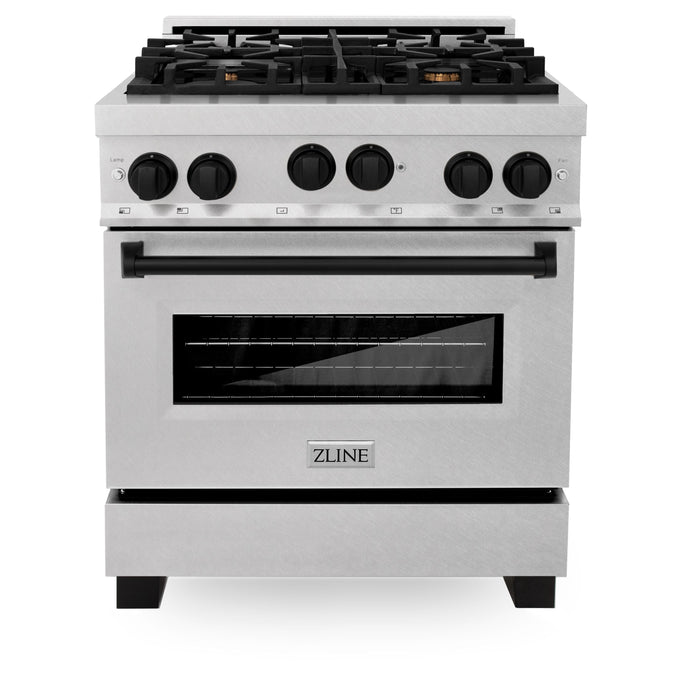 ZLINE 30" Autograph Edition All Gas Range in DuraSnow® Stainless Steel with Matte Black Accents, RGSZ-SN-30-MB