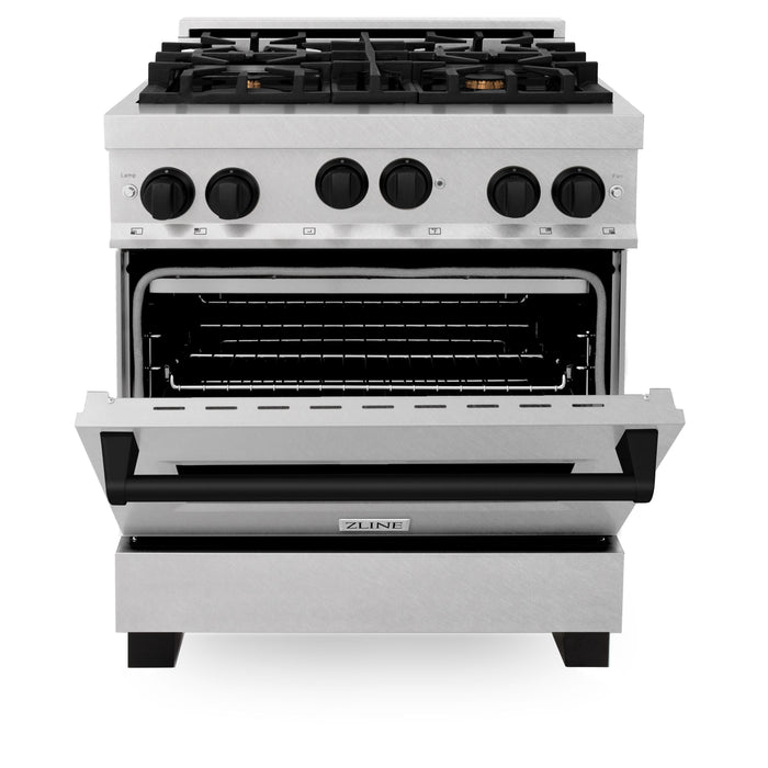 ZLINE 30" Autograph Edition All Gas Range in DuraSnow® Stainless Steel with Matte Black Accents, RGSZ-SN-30-MB