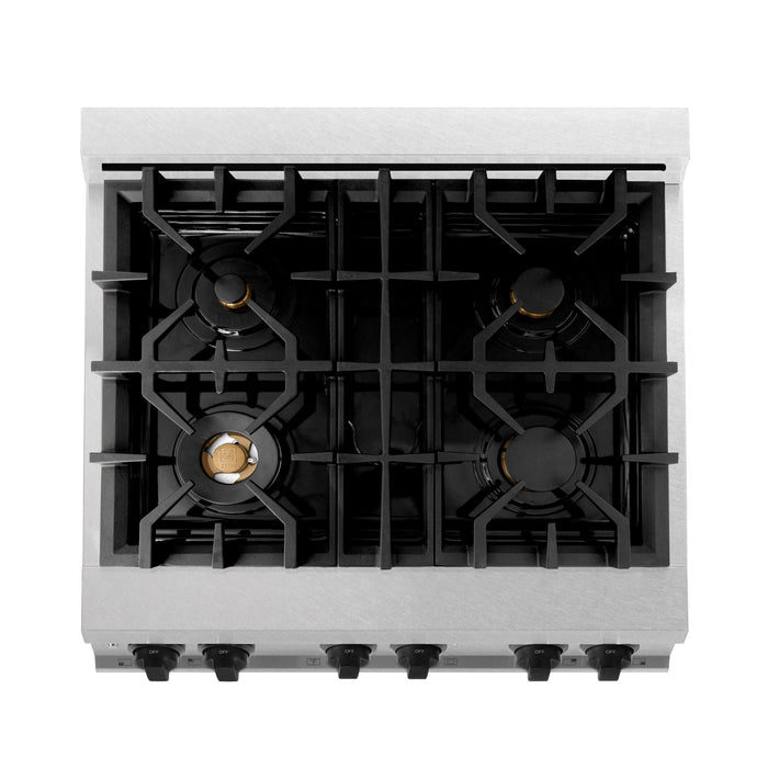 ZLINE 30" Autograph Edition All Gas Range in DuraSnow® Stainless Steel with Matte Black Accents, RGSZ-SN-30-MB