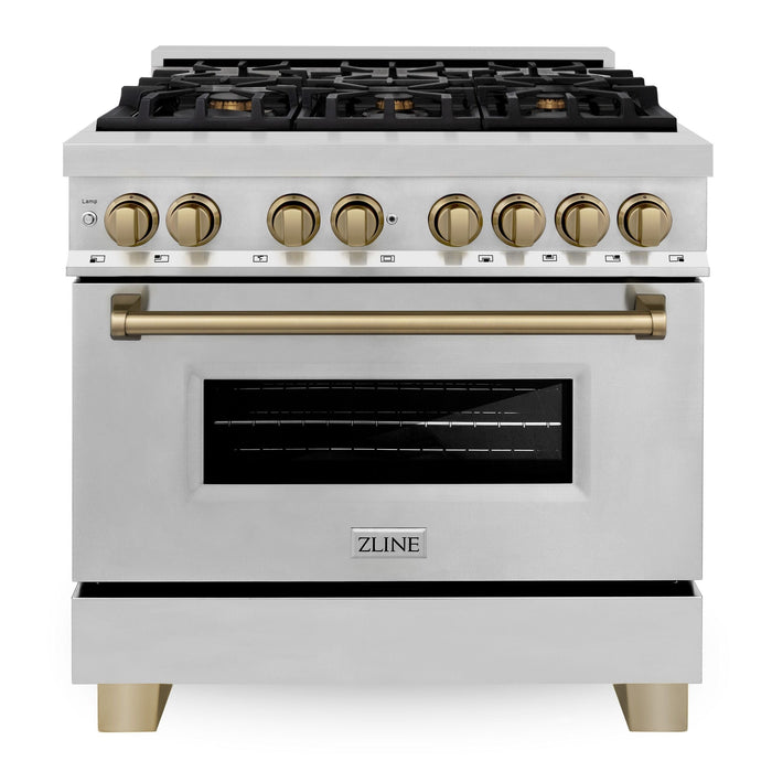 ZLINE Autograph Package - 36" Dual Fuel Range, Range Hood, Dishwasher, Refrigerator with Water and Ice Dispenser with Bronze Accents