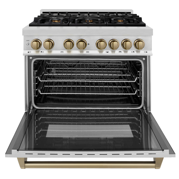 ZLINE Autograph Package - 36" Dual Fuel Range, Range Hood, Refrigerator, Microwave and Dishwasher in Stainless Steel with Bronze Accents