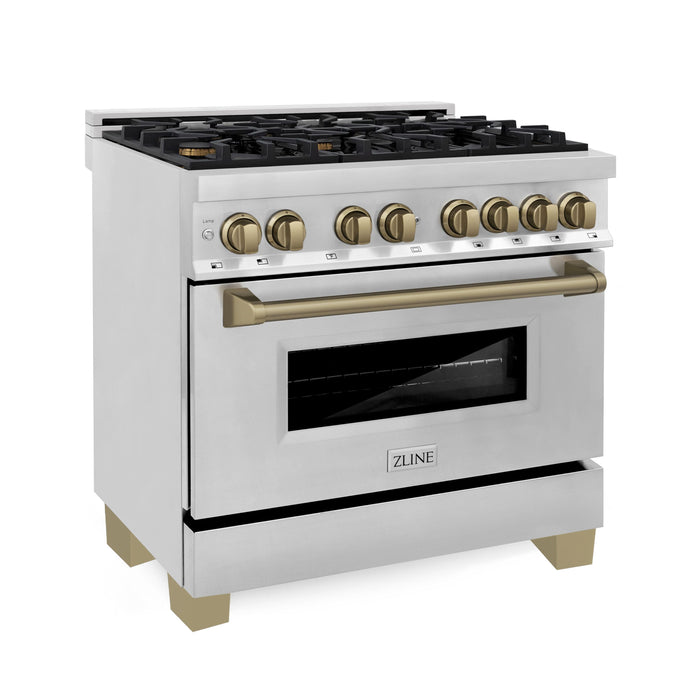 ZLINE Autograph Package - 36 In. Dual Fuel Range, Range Hood, Dishwasher, Refrigerator with Champagne Bronze Accents, 4KAPR-RARHDWM36-CB