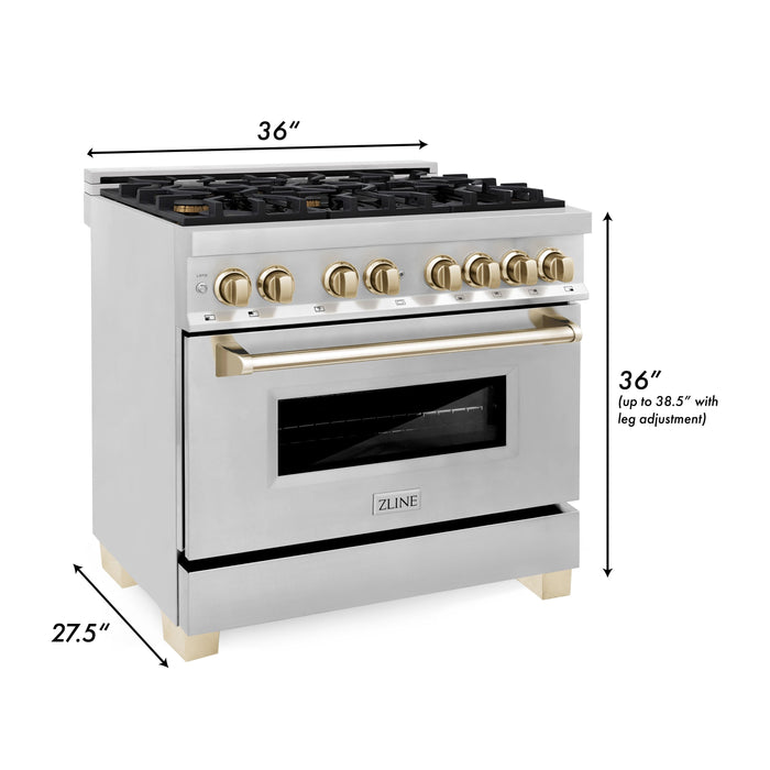 ZLINE Autograph Package - 36" Dual Fuel Range, Range Hood, Dishwasher, Refrigerator with Water & Ice Dispenser in Stainless Steel with Gold Accents