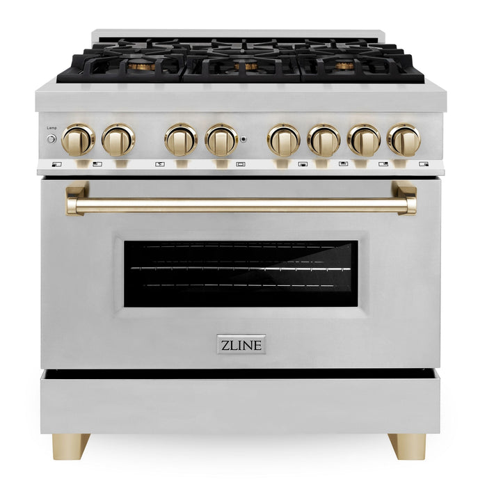 ZLINE Autograph Package - 36" Dual Fuel Range, Range Hood, Dishwasher, Refrigerator with Water & Ice Dispenser in Stainless Steel with Gold Accents