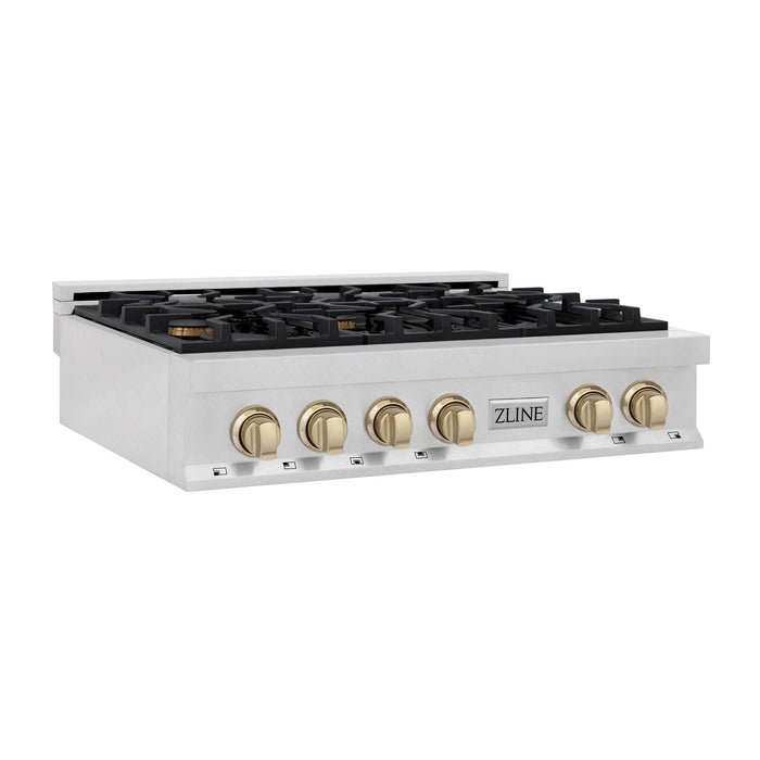 ZLINE 36" Autograph Edition Rangetop in DuraSnow® Stainless Steel with Gold Accents, RTSZ-36-G