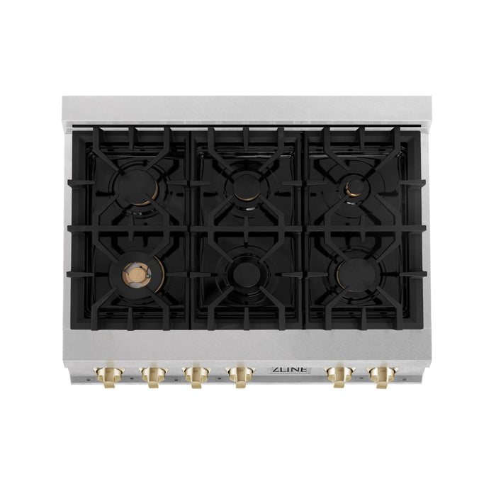 ZLINE 36" Autograph Edition Rangetop in DuraSnow® Stainless Steel with Gold Accents, RTSZ-36-G
