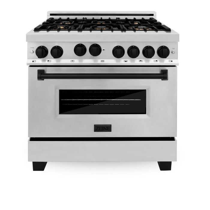 ZLINE Autograph Package - 36 In. Gas Range, Range Hood, Dishwasher in Stainless Steel with Matte Black Accents, 3AKP-RGRHDWM36-MB