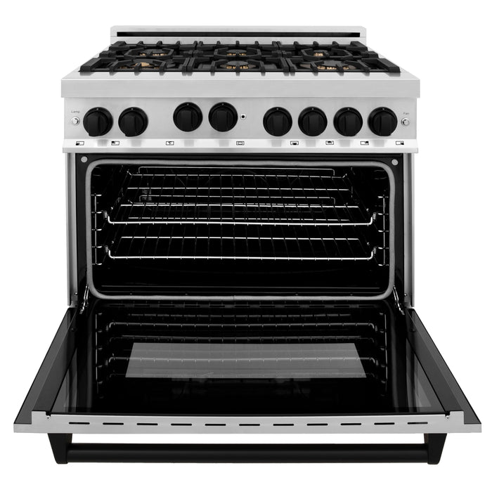 ZLINE Autograph Package - 36 In. Gas Range, Range Hood, Dishwasher in Stainless Steel with Matte Black Accents, 3AKP-RGRHDWM36-MB