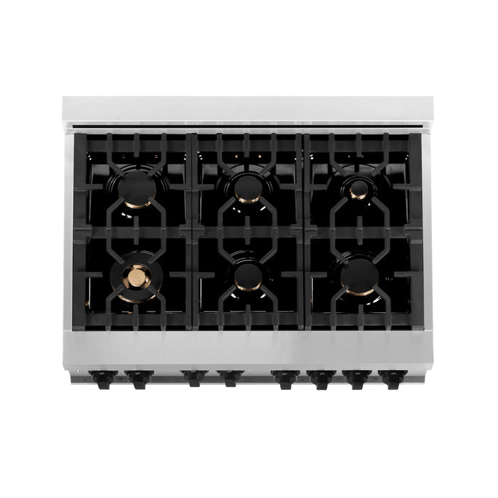 ZLINE Autograph Package - 36 In. Gas Range, Range Hood, Dishwasher in Stainless Steel with Matte Black Accents, 3AKP-RGRHDWM36-MB