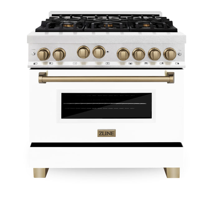 ZLINE 36" Autograph Edition All Gas Range in DuraSnow® Stainless Steel with White Matte Door and Champagne Bronze Accents, RGSZ-WM-36-CB