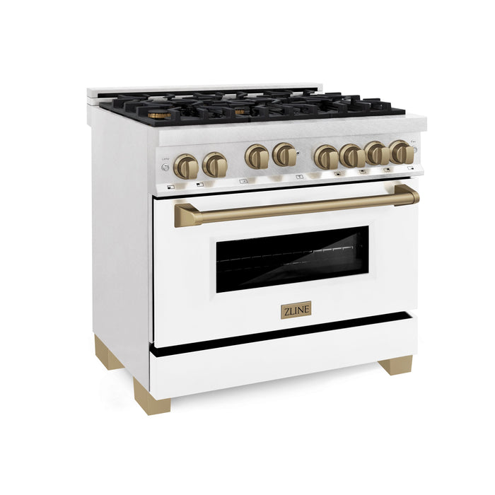 ZLINE 36" Autograph Edition All Gas Range in DuraSnow® Stainless Steel with White Matte Door and Champagne Bronze Accents, RGSZ-WM-36-CB