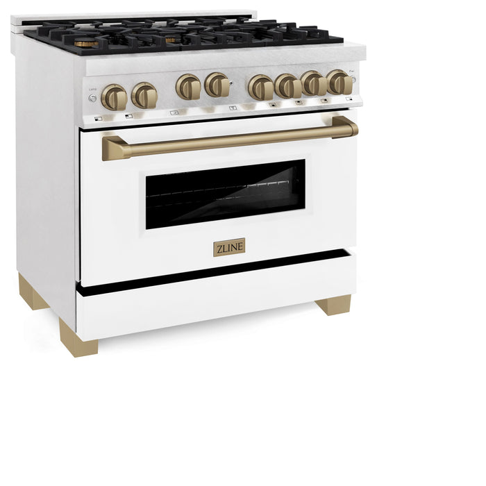 ZLINE 36" Autograph Edition All Gas Range in DuraSnow® Stainless Steel with White Matte Door and Champagne Bronze Accents, RGSZ-WM-36-CB