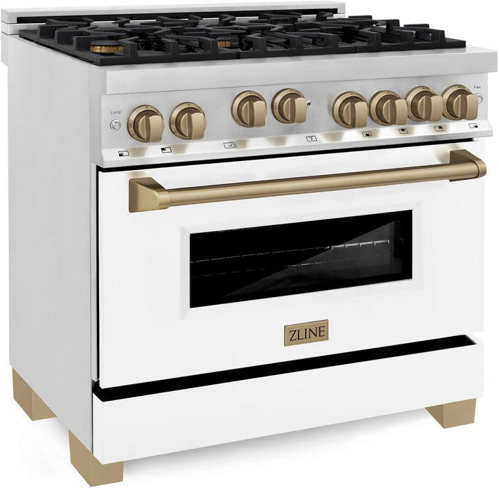 ZLINE 36" Autograph Edition All Gas Range in Stainless Steel with White Matte Door and Champagne Bronze Accents, RGZ-WM-36-CB