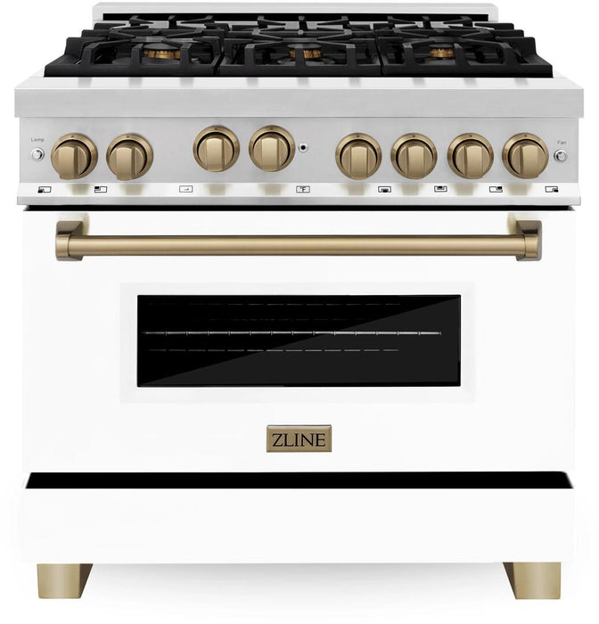 ZLINE 36" Autograph Edition All Gas Range in Stainless Steel with White Matte Door and Champagne Bronze Accents, RGZ-WM-36-CB
