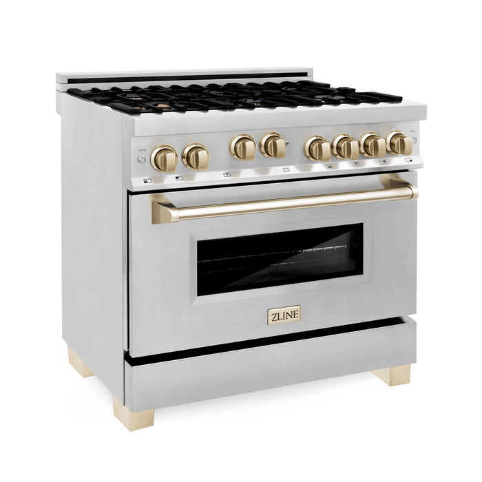 ZLINE Autograph Package - 36 In. Gas Range, Range Hood, Dishwasher in Stainless Steel with Gold Accents, 3AKP-RGRHDWM36-G