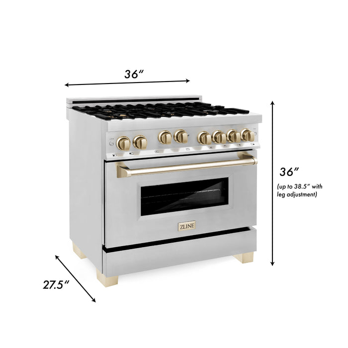 ZLINE Autograph Package - 36 In. Gas Range, Range Hood, Dishwasher in Stainless Steel with Gold Accents, 3AKP-RGRHDWM36-G