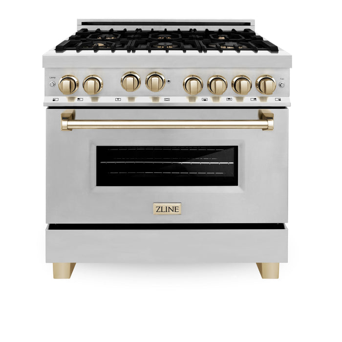 ZLINE Autograph Package - 36 In. Gas Range, Range Hood, Dishwasher in Stainless Steel with Gold Accents, 3AKP-RGRHDWM36-G