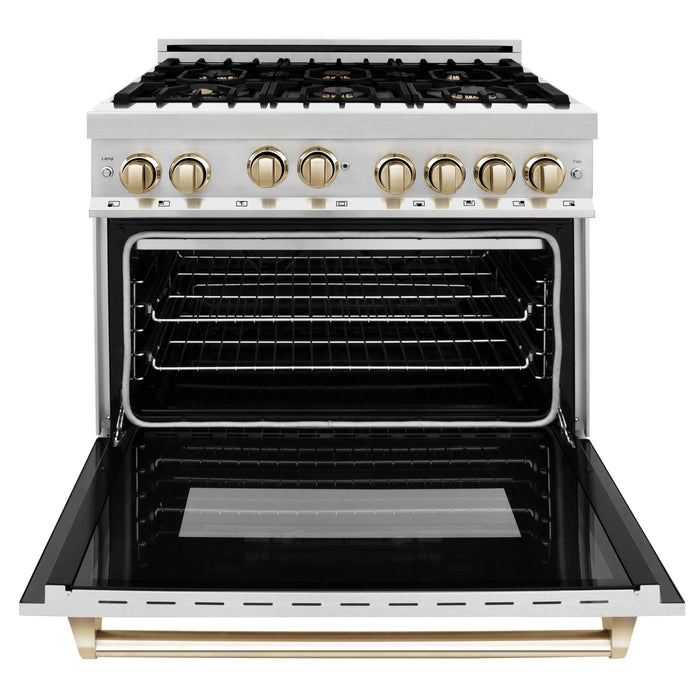 ZLINE Autograph Package - 36 In. Gas Range, Range Hood, Dishwasher in Stainless Steel with Gold Accents, 3AKP-RGRHDWM36-G