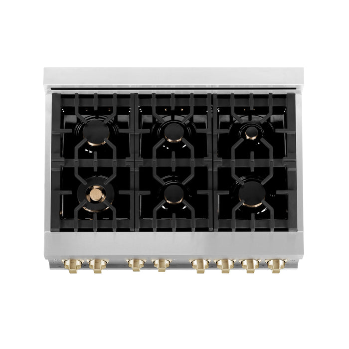 ZLINE Autograph Package - 36 In. Gas Range, Range Hood, Dishwasher in Stainless Steel with Gold Accents, 3AKP-RGRHDWM36-G