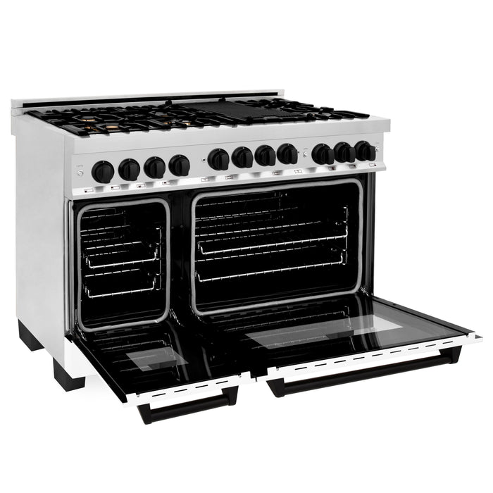 ZLINE 48" Autograph Edition All Gas Range in Stainless Steel with White Matte Door and Matte Black Accents, RGZ-WM-48-MB