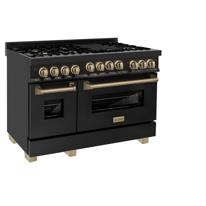 ZLINE 48" Autograph Edition All Gas Range in Black Stainless Steel with Champagne Bronze Accents, RGBZ-48-CB