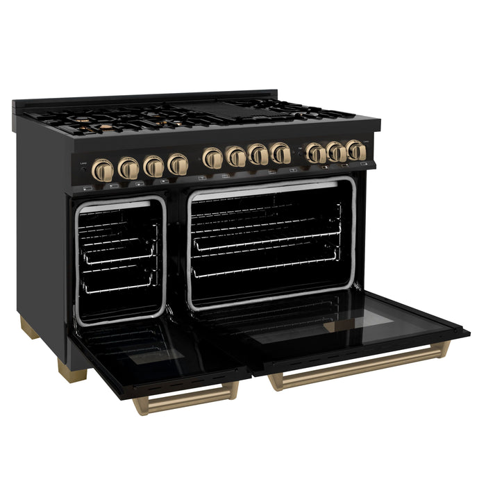 ZLINE 48" Autograph Edition All Gas Range in Black Stainless Steel with Champagne Bronze Accents, RGBZ-48-CB