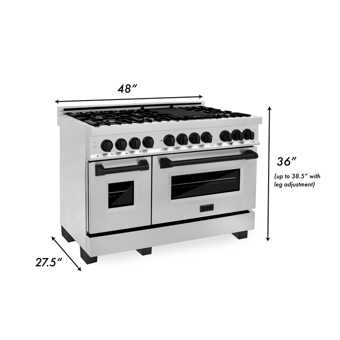 ZLINE Autograph Package - 48" Dual Fuel Range, Range Hood, Refrigerator with Water and Ice Dispenser, Microwave and Dishwasher in Stainless Steel with Black Accents