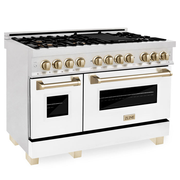 ZLINE 48" Autograph Edition Dual Fuel Range in DuraSnow® Stainless Steel with White Matte Doors and Gold Accents, RASZ-WM-48-G