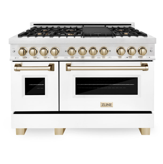 ZLINE 48" Autograph Edition Dual Fuel Range in DuraSnow® Stainless Steel with White Matte Doors and Gold Accents, RASZ-WM-48-G