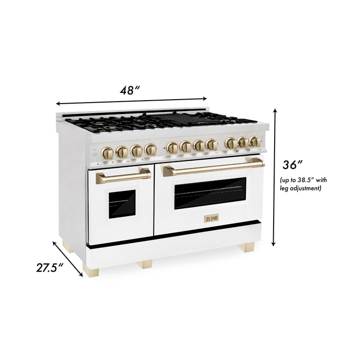 ZLINE 48" Autograph Edition Dual Fuel Range in DuraSnow® Stainless Steel with White Matte Doors and Gold Accents, RASZ-WM-48-G