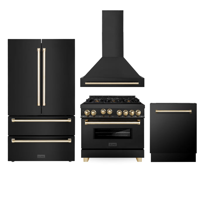 ZLINE Autograph Package - 36 In. Gas Range, Range Hood, Refrigerator, and Dishwasher in Black Stainless Steel with Gold Accents, 4AKPR-RGBRHDWV36-G