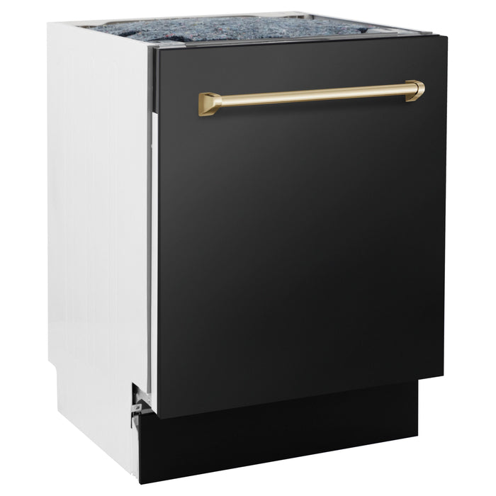 ZLINE Autograph Package - 36 In. Gas Range, Range Hood, Refrigerator, and Dishwasher in Black Stainless Steel with Gold Accents, 4AKPR-RGBRHDWV36-G