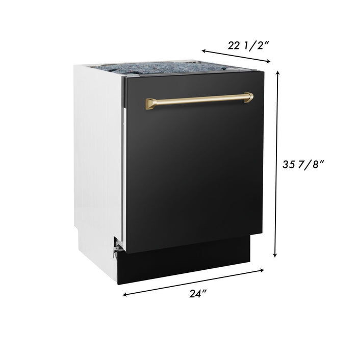 ZLINE Autograph Package - 36 In. Gas Range, Range Hood, Refrigerator, and Dishwasher in Black Stainless Steel with Gold Accents, 4AKPR-RGBRHDWV36-G