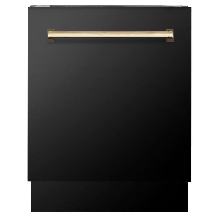 ZLINE Autograph Package - 48" Dual Fuel Range, Range Hood, Refrigerator with Water and Ice Dispenser, Microwave and Dishwasher in Black Stainless Steel with Gold Accents