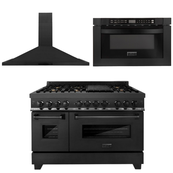 ZLINE Black Stainless Steel Appliance Package - 48 in. Dual Fuel Range, Range Hood, Microwave, 3KP-RABRH48-MW