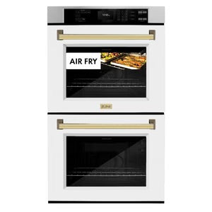 ZLINE 30" Autograph Edition Professional Double Wall Oven with Air Fry and Self-Clean in Stainless Steel with White Matte Doors and Polished Gold Handles, WADZ-WM-30-G