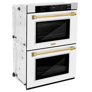 ZLINE 30" Autograph Edition Professional Double Wall Oven with Air Fry and Self-Clean in Stainless Steel with White Matte Doors and Polished Gold Handles, WADZ-WM-30-G