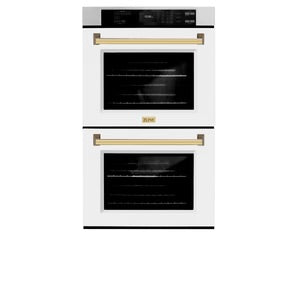 ZLINE 30" Autograph Edition Professional Double Wall Oven with Air Fry and Self-Clean in DuraSnow® Stainless Steel with White Matte Doors and Polished Gold Handles, WADSZ-WM-30-G