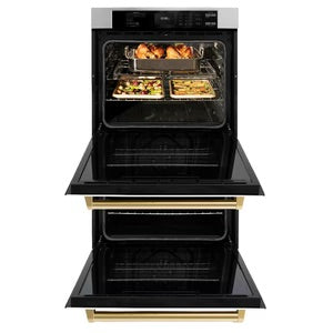 ZLINE 30" Autograph Edition Professional Double Wall Oven with Air Fry and Self-Clean in Stainless Steel with White Matte Doors and Polished Gold Handles, WADZ-WM-30-G