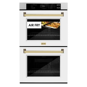 ZLINE 30" Autograph Edition Professional Double Wall Oven with Air Fry and Self-Clean in DuraSnow® Stainless Steel with White Matte Doors and Polished Gold Handles, WADSZ-WM-30-G