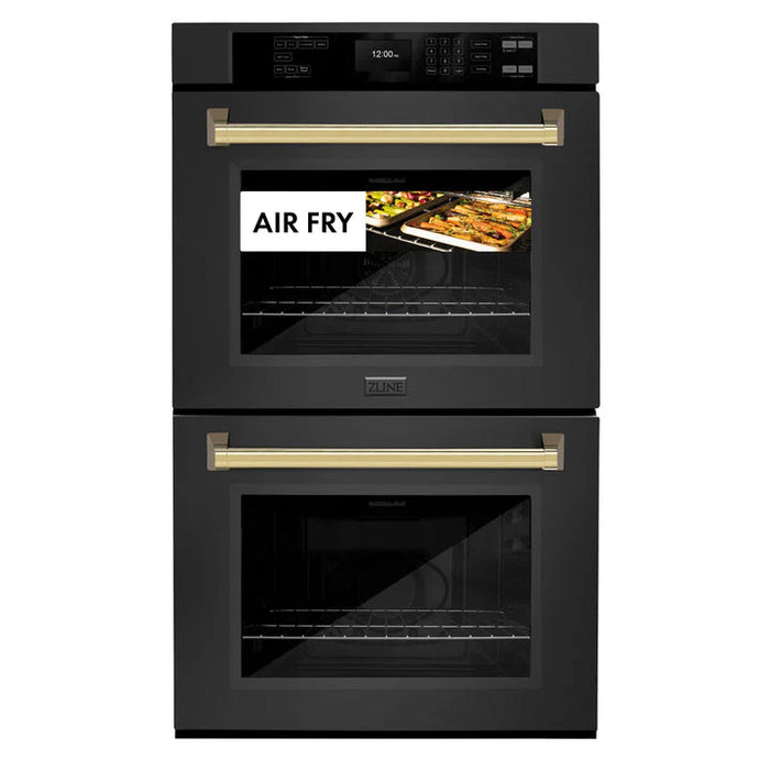 ZLINE 30" Autograph Edition Double Wall Oven with Air Fry and Self-Clean in Black and Gold Handle, WADBZ-30-G