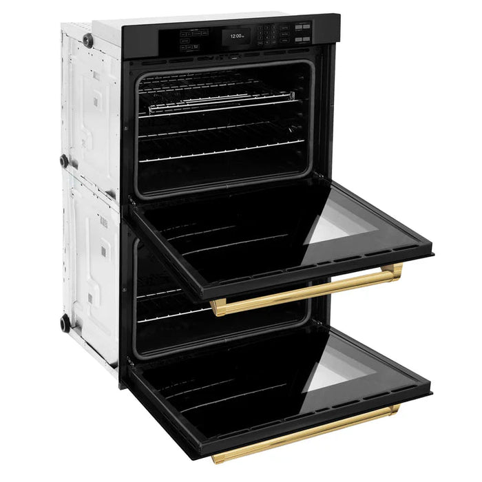 ZLINE 30" Autograph Edition Double Wall Oven with Air Fry and Self-Clean in Black and Gold Handle, WADBZ-30-G