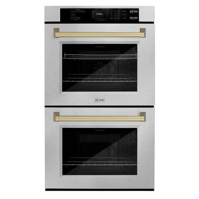 ZLINE 30" Autograph Double Wall Oven with Air Fry and Self-Clean in DuraSnow® Stainless Steel and Champagne Bronze Handle, WADSZ-30-CB